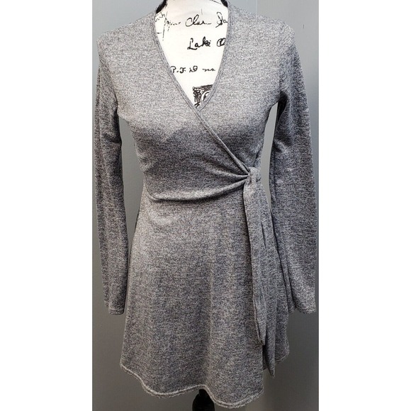 Boohoo Wrap Dress Womens Size 6 Gray Knit Stretch Surplice Neck Drawstring Waist - Picture 1 of 8